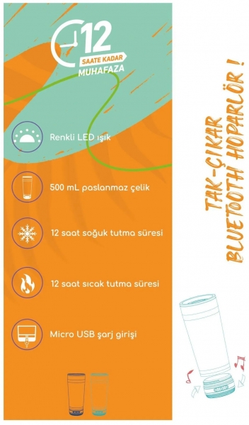 Vaeske Çelik Bluetooth Hoparlörlü Termos