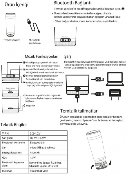 Vaeske Çelik Bluetooth Hoparlörlü Termos