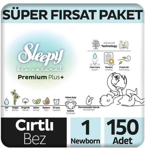 Sleepy Bio Natural 1 Beden 150 Adet Bebek Bezi