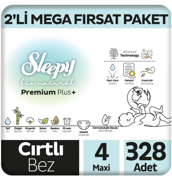 Sleepy Bio Natural 4 Beden 328 Adet Bebek Bezi