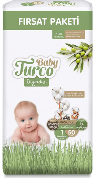 Baby Turco Doğadan 1 Beden 50 Adet Bebek Bezi