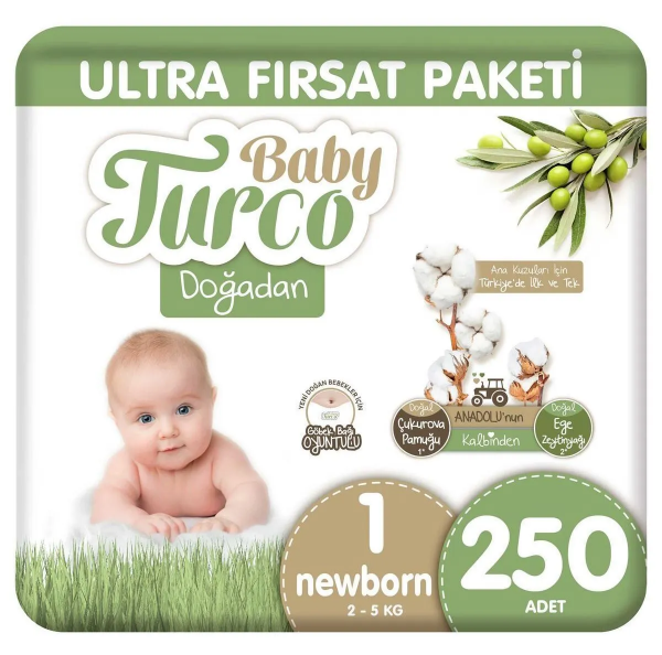 Baby Turco Doğadan 1 Beden 250 Adet Bebek Bezi