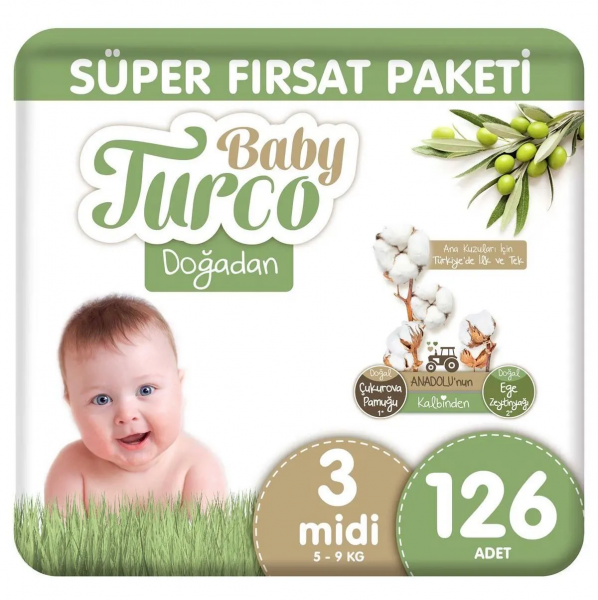 Baby Turco Doğadan 3 Beden 126 Adet Bebek Bezi