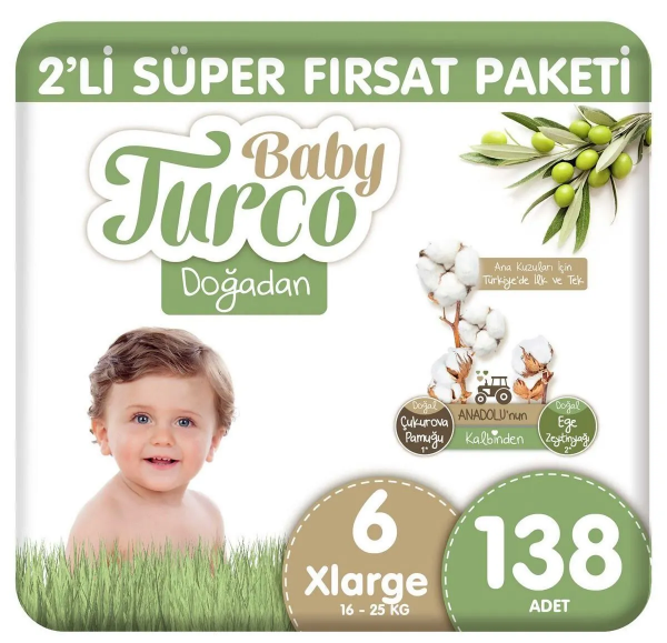 Baby Turco Doğadan 6 Beden 138 Adet Bebek Bezi