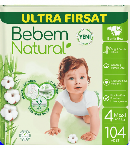 Bebem Natural 4 Beden 104 Adet Bebek Bezi
