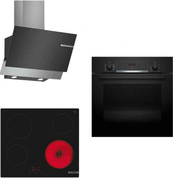 Bosch Elektrikli Ocaklı Üçlü Siyah Ankastre Set PKE611BA2E + HBF534EB0T + DWK65AD60R
