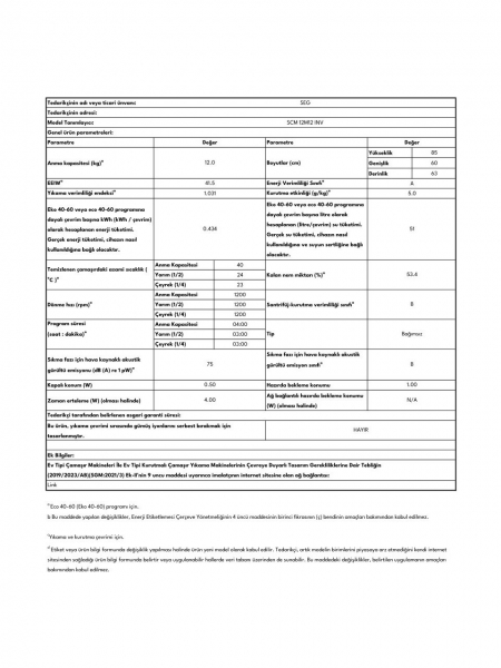 SEG SCM 12M12 INV Çamaşır Makinesi