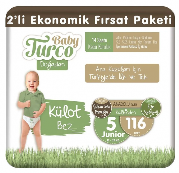 Baby Turco Doğadan Külot Bez 5 Beden 116 Adet Bebek Bezi