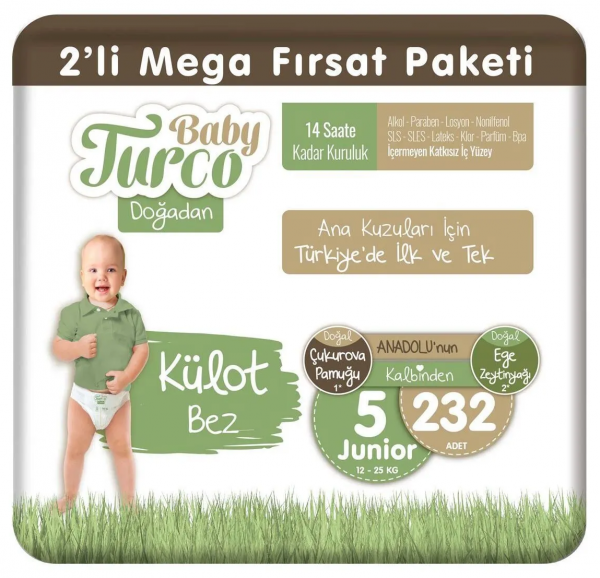 Baby Turco Doğadan Külot Bez 5 Beden 232 Adet Bebek Bezi