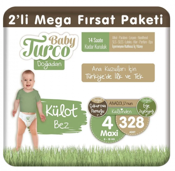 Baby Turco Doğadan Külot Bez 4 Beden 328 Adet Bebek Bezi
