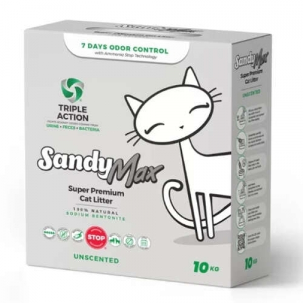 Sandy Max Triple Action Aktif Karbonlu Tozsuz Topaklanan Bentonit 10 lt Kedi Kumu