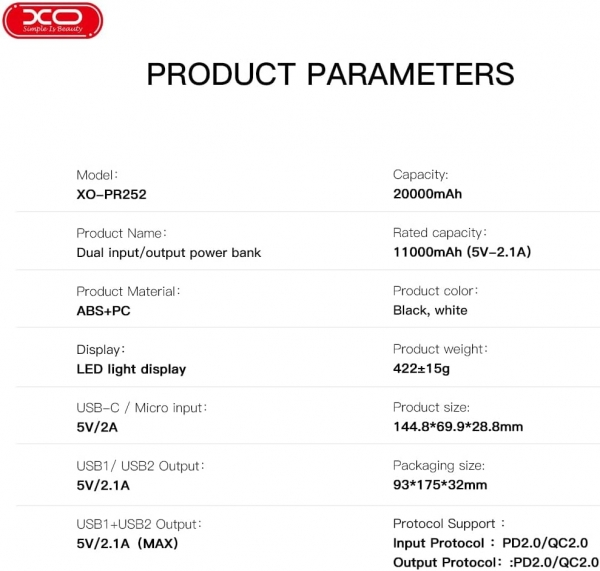 XO PR252 20000 mAh Powerbank