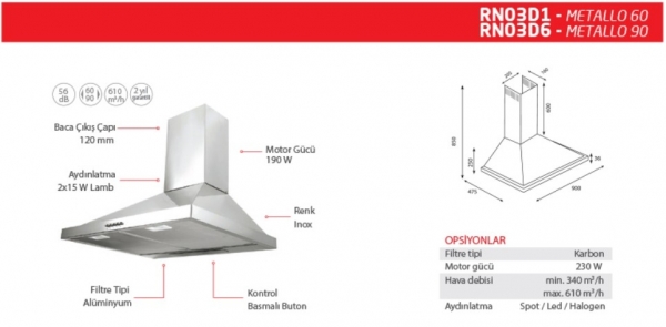 Renno Metallo 60 cm İnox Davlumbaz