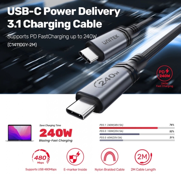 Unitek Type-C to Type-C 240W Şarj Kablosu