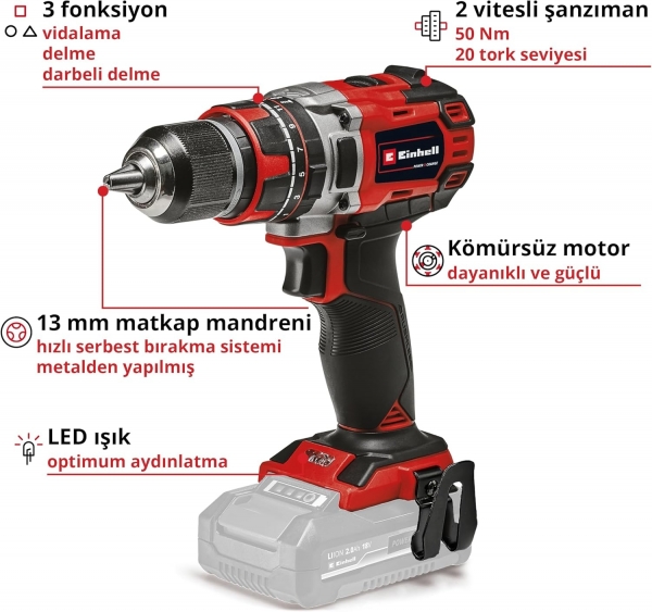 Einhell TP-CD 18/50 Li-i BL 2x4Ah Akülü Matkap (2 Akülü / 4 Ah)