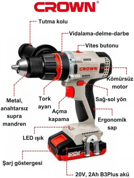 Crown CT21093HMX-2 BMC Akülü Matkap (2 Akülü / 2 Ah)