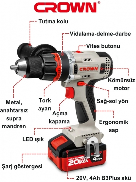 Crown CT21093HMX-4 BMC Akülü Matkap (2 Akülü / 4 Ah)