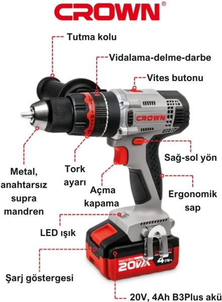 Crown CT21075HMX-4 Akülü Matkap