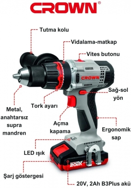 Crown CT21076HMX-2 Akülü Vidalama (2 Akülü / 2 Ah)