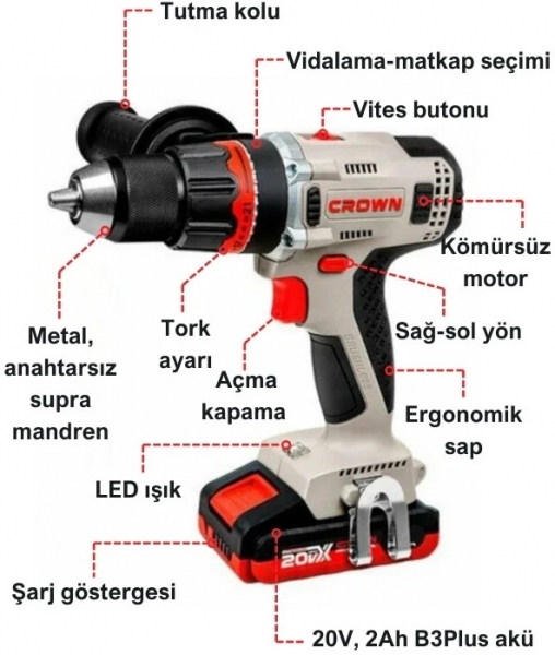 Crown CT21090HMX-2 Akülü Vidalama (2 Akülü / 2 Ah)