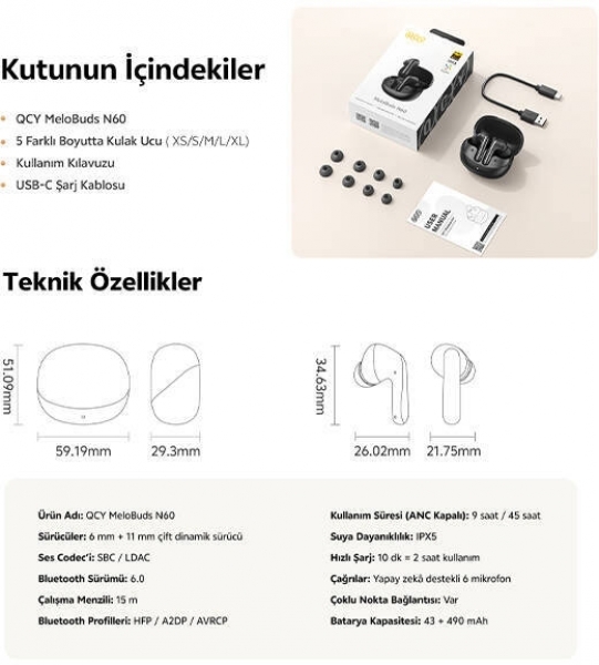 QCY MeloBuds N60 Tam Kablosuz Kulaklık
