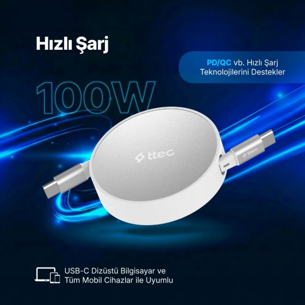 ttec USB-C Mini Makaralı 100W Şarj Kablosu