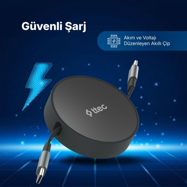 ttec USB-C Mini Makaralı 100W Şarj Kablosu