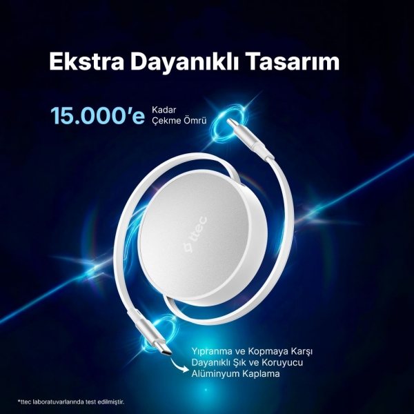 ttec USB-C Mini Makaralı 100W Şarj Kablosu