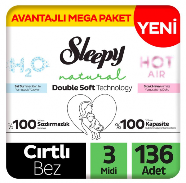 Sleepy Natural Double Soft 3 Beden 136 Adet Bebek Bezi