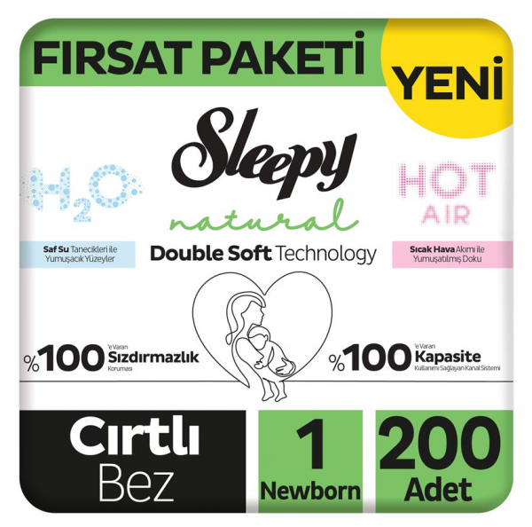 Sleepy Natural Double Soft 1 Beden 200 Adet Bebek Bezi