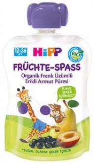 Hipp Organik Frenk Üzümlü Erikli Armut Püresi 90 gr Kavanoz Mama