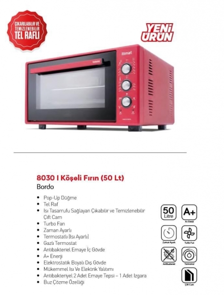İtimat 8030 Çift Camlı 50 Lt Bordo Mini Fırın