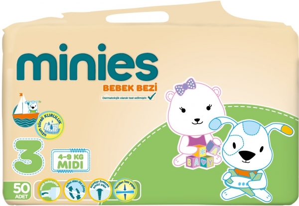 Minies 3 Beden 50 Adet Bebek Bezi