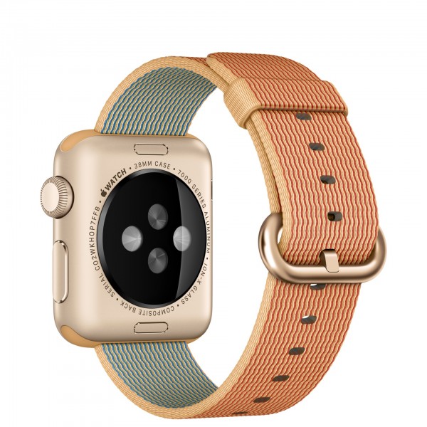 Apple Watch Sport (38 mm) Altın Rengi Alüminyum Kasa ve Naylon Örme Altın/Kırmızı Kordon Akıllı Saat