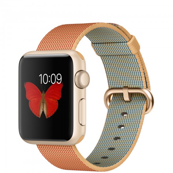 Apple Watch Sport (38 mm) Altın Rengi Alüminyum Kasa ve Naylon Örme Altın/Kırmızı Kordon Akıllı Saat