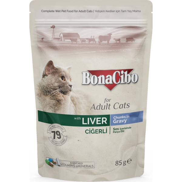 Bonacibo BonaCibo Soslu Ciğerli Pouch Yetişkin 85 gr Kedi Maması