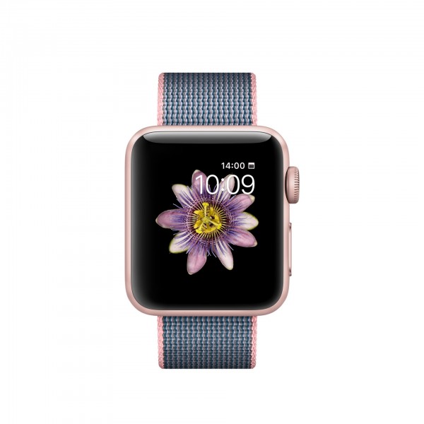 Apple Watch Series 2 (38 mm) Roze Altın Rengi Alüminyum Kasa ve Naylon Örme Uçuk Pembe/Gece Mavisi Kordon Akıllı Saat
