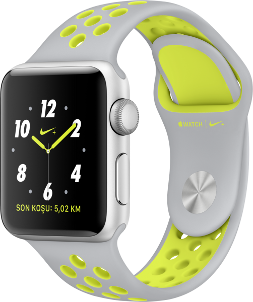 Apple Watch Nike+ Series 2 (38 mm) Gümüş Rengi Alüminyum Kasa ve Mat Gümüş/Volt Nike Spor Kordon Akıllı Saat