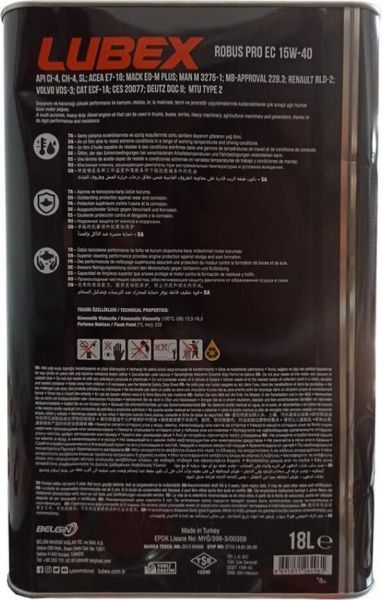 Lubex Robus Pro EC 15W-40 Motor Yağı (18 litre)