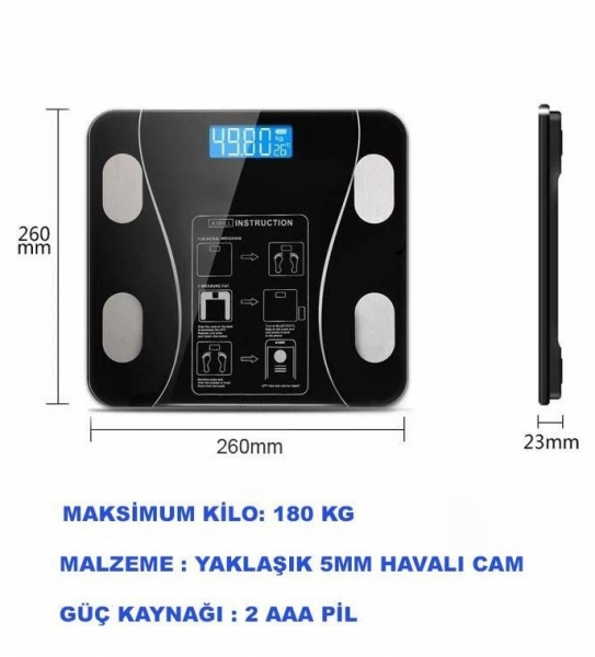 DailyTech Yağ Ölçer Vücut Analizi Akıllı Bluetooth Tartı Baskül Dijital Banyo Tartısı