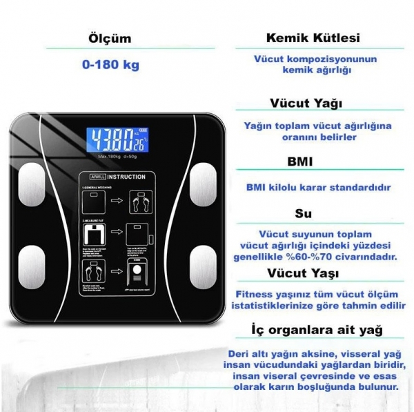 DailyTech Yağ Ölçer Vücut Analizi Akıllı Bluetooth Tartı Baskül Dijital Banyo Tartısı