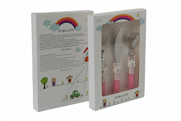 Porland Mini Rabbit Pembe 3 Parça Çatal Kaşık Bıçak Takımı