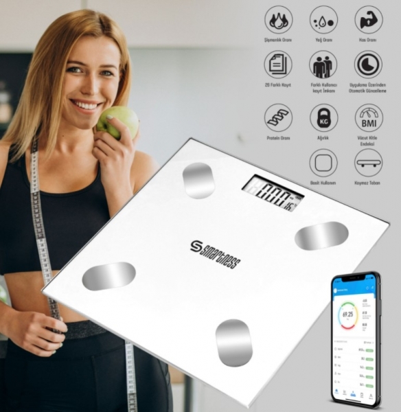 Smartness Akıllı Tartı Bluetooth Dijital Baskül Yağ Ölçer Vücut Analizli SN-1073 Dijital Banyo Tartısı