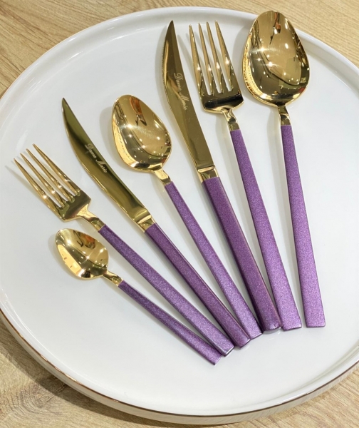 PM Leonardo Napoli Es Purple Gold Gri 42 Parça Çatal Kaşık Bıçak Takımı