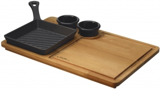 Lava Döküm Mini Kare Ahşap Altlıklı Izgara Tava Seti 16 cm
