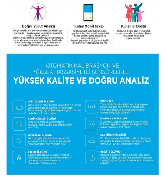Ezere Polham Akıllı Bluetooth Yağ Ölçer Fonksiyonlu Kas Kalori Yağ Ölçüm Tartı Baskül Dijital Banyo Tartısı