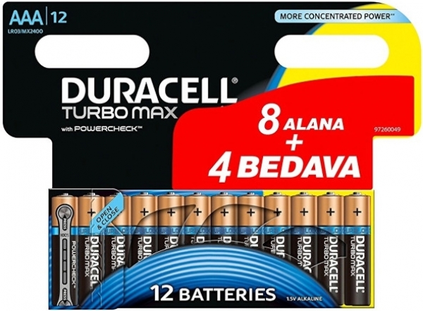 Duracell Turbo Max AAA 12'li İnce Kalem Pil