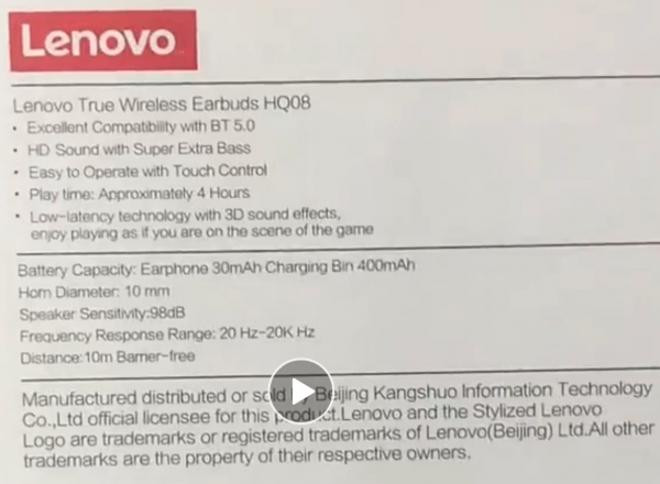 Lenovo HQ08 Tam Kablosuz Kulaklık