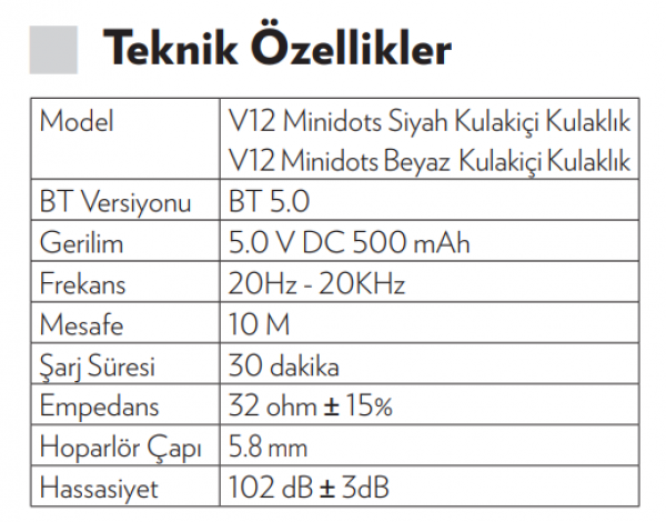 Vestel V12 Minidots Tam Kablosuz Kulaklık