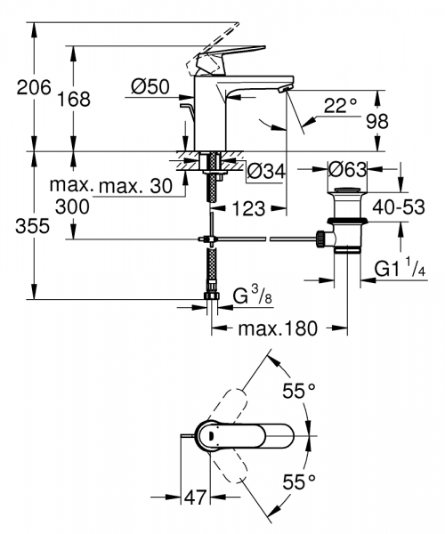 Grohe Eurocosmo M 23325KW0 Lavabo Bataryası (Krom / Siyah)